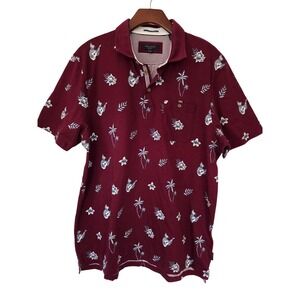 Ted Baker Polo Shirt Tropical Parrot Palm Mens 5 XL Burgundy